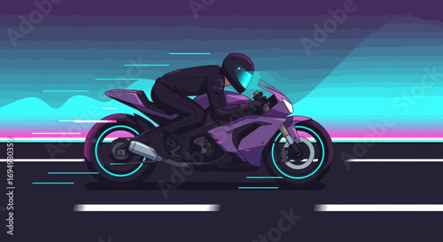 Illustrative scene of a motorcyclist speeding through a neon-lit cityscape at night