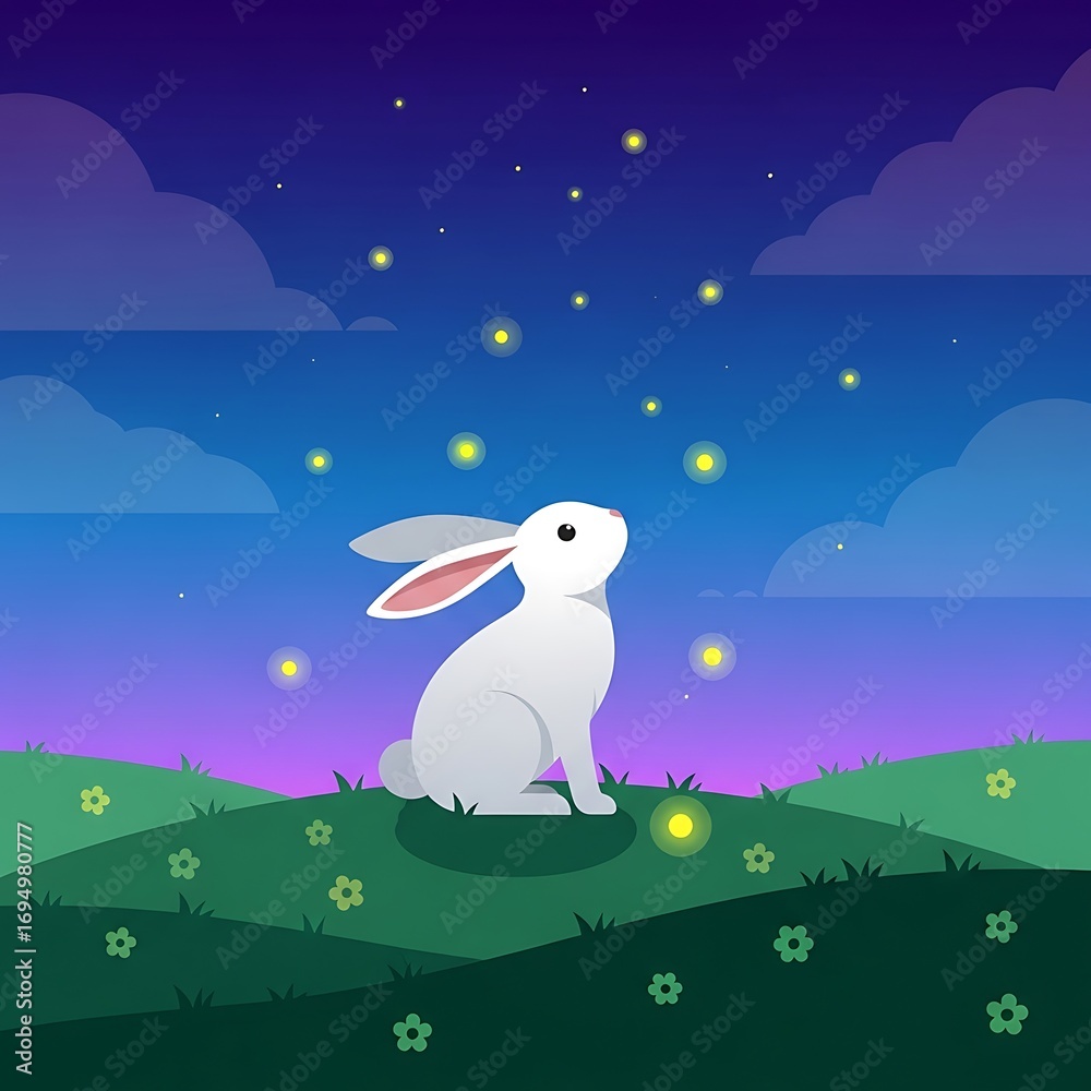 Fototapeta premium White Rabbit Night Firefly Field.