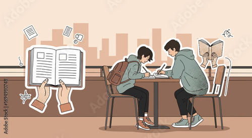 Illustrative study session with two students reading and writing in a cozy environment