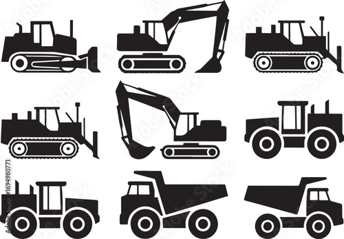 Set of 9 black construction excavation and bulldozer silhouettes with detailed machinery icons in vector format.