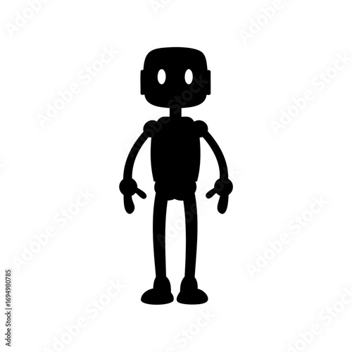 Stylized silhouette of a humanoid robot character standing on a white backdrop