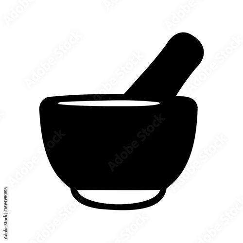 Simple black and white illustration of a mortar and pestle with minimalist style