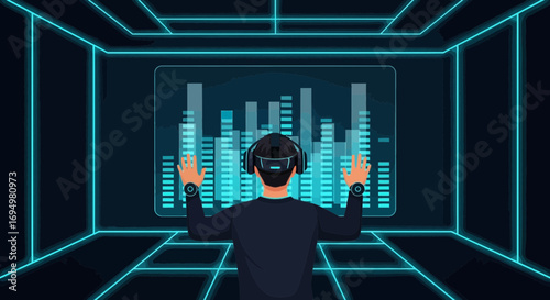 Immersive data analysis: Man using VR headset interacting with a digital interface inside a