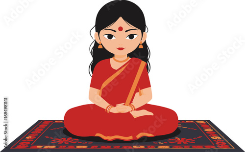 A charming cartoon illustration for the Kumari Puja festival, featuring a young Indian girl in traditional attire celebrating the auspicious occasion.
