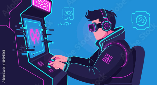 Immersive Gaming Experience: Man Playing Arcade Game with VR Headset and Headphones