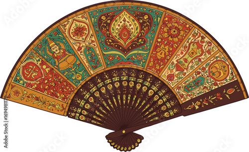 Exquisite hand fan featuring intricate traditional Indian artistry, adorned with vibrant ornate patterns and cultural motifs, perfect for elegant decor or a stylish accessory.