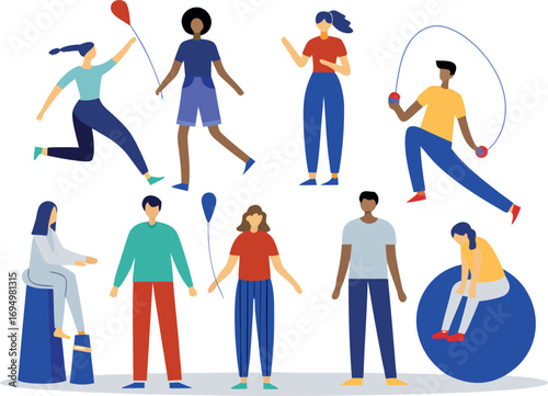 Editable Vector Illustration of Diverse Figures Engaging in Physical Activity and Celebrating Wellness in Vibrant Health Promotion.