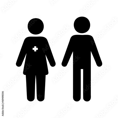 Simple black and white illustration of gender icons including healthcare professional