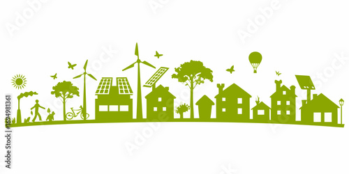 Green eco friendly cityscape with renewable energy sources and sustainable living elements