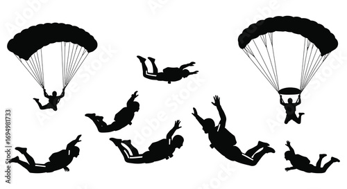 skydivers parachuting in various poses silhouette