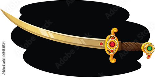 Majestic Khadga sword, a sacred golden blade, adorned with vibrant ruby and emerald jewels, embodying Hindu divinity and power.