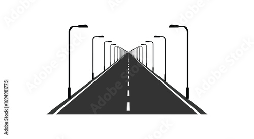 a long road stretches into distance with streetlights silhouette