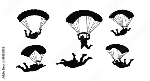 skydivers parachuting through air with dynamic poses silhouette