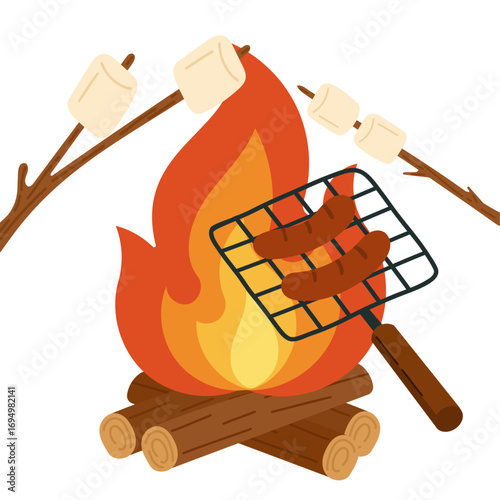 Campfire with sausages on a grill and marshmallows on sticks roasting over flames. Cozy camping design perfect for outdoor adventure graphics, picnic clipart, summer barbecue posters.