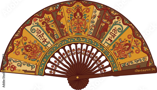 An elegant and graceful traditional hand fan with a timeless design, providing a refreshing breeze and a beautiful, decorative accessory for cooling during hot summer days.