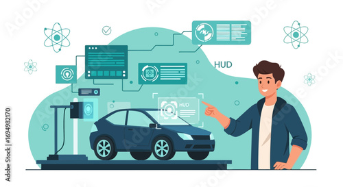 Innovation in Automotive Industry: Man Interacting with Futuristic Car Technology Interface