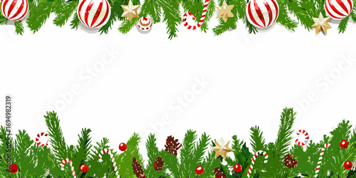 Festive christmas garland border with ornaments candy canes stars and pine cones on white background