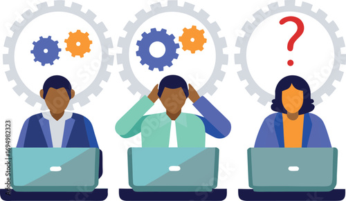 Editable Vector Illustration of Struggling Team Facing Difficult Problems and Unanswered Questions During Project Planning.