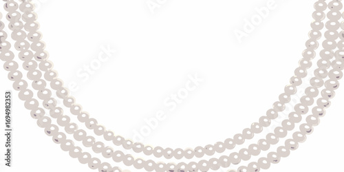Elegant three strand pearl necklace draped on a white background with copy space