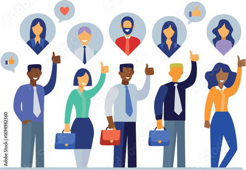Editable Flat Vector Illustration of Diverse Team Celebrating Business Success with Thumbs Up and Positive Online Feedback.