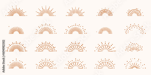Collection of minimalist abstract sunburst and sunrise semicircle icons in warm terracotta color