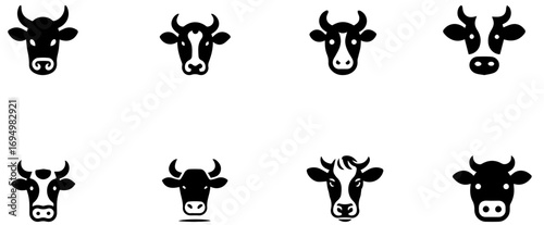 Set of Black and White Cow Head Icons Collection
