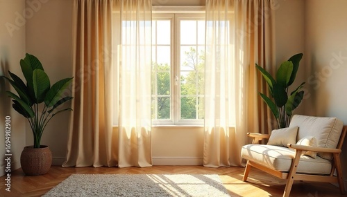 Elegant sheer window curtains softly filtering sunlight, creating a warm and inviting ambiance in a bright room  Perfect for bedrooms, living rooms, or home offices ,  contemporary,  drapery