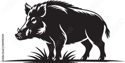Powerful monochromatic silhouette of a wild boar standing majestically, showcasing its formidable tusks and strong build in a striking profile view
