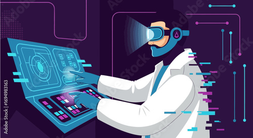 Innovative research scientist in VR using futuristic technology for medical advancements