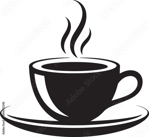 A minimalist black and white graphic illustration of a steaming hot coffee cup on a saucer, an ideal icon for cafes, menus, or beverage-related designs