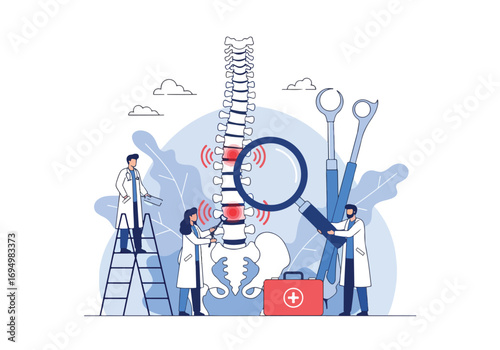 Flat style illustration of chiropractors examining spine with magnifying glass and medical tools, back pain diagnosis, treatment, posture correction, and healthcare rehabilitation for wellness