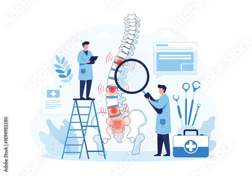 Flat style illustration of chiropractors examining spine with magnifying glass and medical tools, back pain diagnosis, treatment, posture correction, and healthcare rehabilitation for wellness