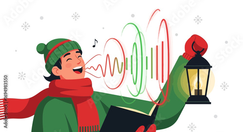 Joyful caroler spreading festive cheer with lantern and song during winter season
