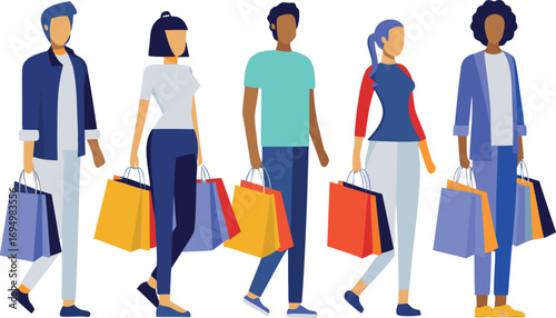 Editable Flat Vector Illustration of Diverse Group Enjoying Vibrant Shopping Spree with Bags in Hand Exploring City Deals.