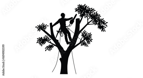 a man pruning tree branches with tools silhouette