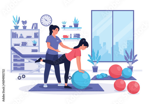 Flat style illustration of chiropractor treatment with therapist guiding patient using exercise ball, focusing on physiotherapy, rehabilitation, posture correction, and healthcare for back pain