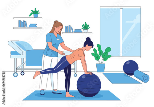 Flat style illustration of chiropractor treatment with therapist guiding patient using exercise ball, focusing on physiotherapy, rehabilitation, posture correction, and healthcare for back pain