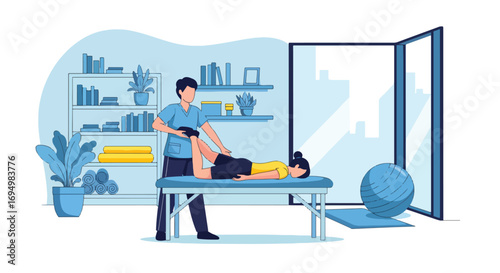 Flat style illustration of chiropractor treatment with therapist stretching patient’s leg on table, highlighting physiotherapy, rehabilitation, posture correction, and alternative healthcare for pain