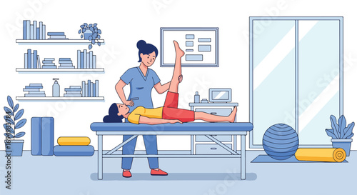 Flat style illustration of chiropractor treatment with therapist stretching patient’s leg on table, highlighting physiotherapy, rehabilitation, posture correction, and alternative healthcare for pain