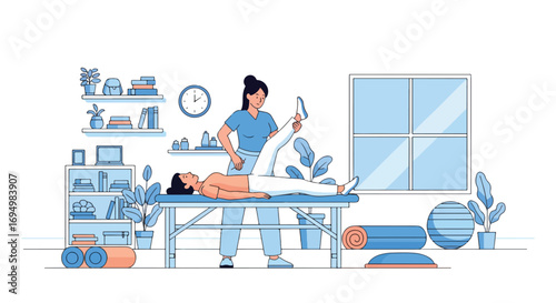 Flat style illustration of chiropractor treatment with therapist stretching patient’s leg on table, highlighting physiotherapy, rehabilitation, posture correction, and alternative healthcare for pain