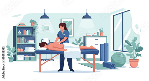 Flat style illustration of massage therapy session with therapist giving back massage to patient in wellness clinic, emphasizing relaxation, stress relief, and alternative healthcare treatment