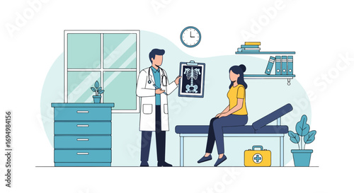 Flat style illustration of doctor showing X-ray to patient in medical office, highlighting healthcare consultation, diagnosis, treatment, and professional support for health and wellness