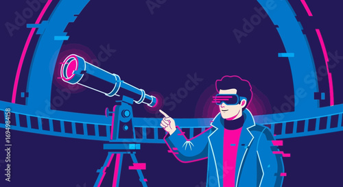 Man Exploring Space with VR Headset and Telescope in Futuristic Observatory Scene