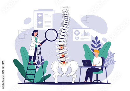 Flat style illustration of chiropractor treatment with doctor examining spine and patient sitting at desk, highlighting back pain therapy, posture correction, and medical healthcare concept