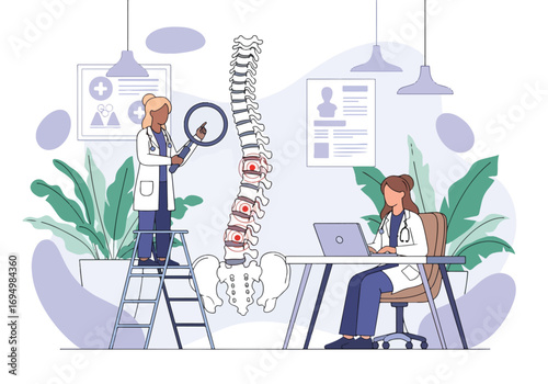 Flat style illustration of chiropractor treatment with doctor examining spine and patient sitting at desk, highlighting back pain therapy, posture correction, and medical healthcare concept