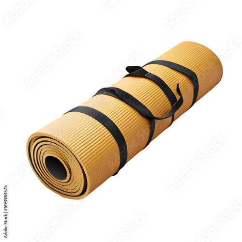 Rolled yellow yoga mat with black straps on black background