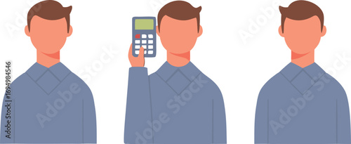 Editable Vector Illustration of Three Individuals Calculating Figures and Contemplating Numbers for Accounting Task in Simple Style.