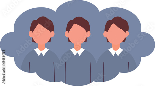 Editable Vector Illustration of Three Faceless People United by Shared Visions in a Calming Dreamy Cloudy Scene.