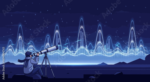 Man Observes Cityscape Audio Waves Through Telescope at Night Under Starry Sky
