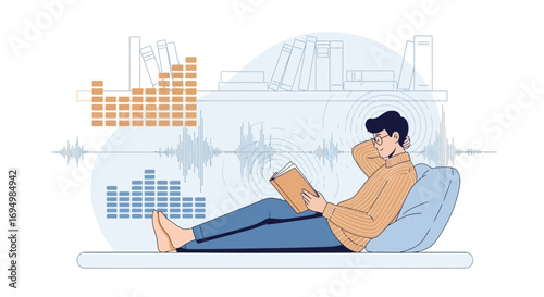 Man reading book while relaxing and listening to music at home with modern shelf
